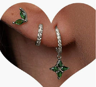 Green Inlaid Zircon Fashion Women's Earrings Three-piece Set