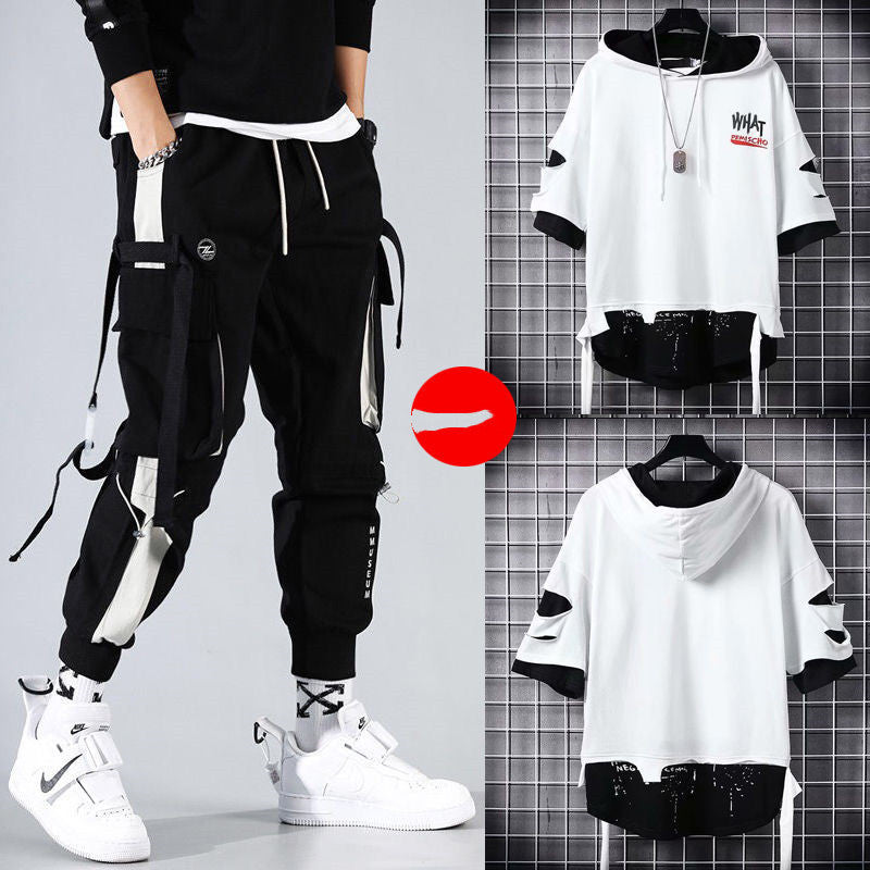 Men’s Two-Piece Hip-Hop Summer Set – Loose Overalls with Hooded Top