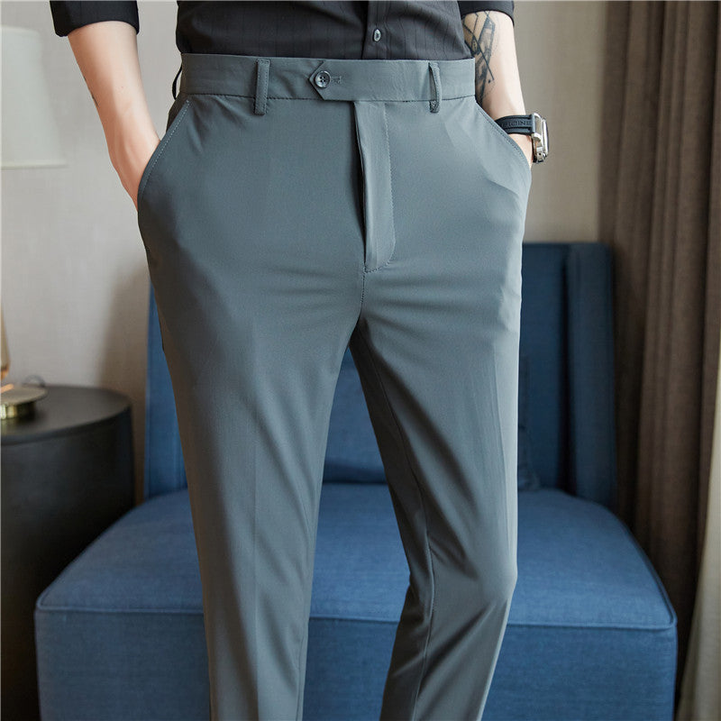 Men's Ice Silk Nylon Business Casual Pants – Ultra-Stretch & Fine Grain Elegance