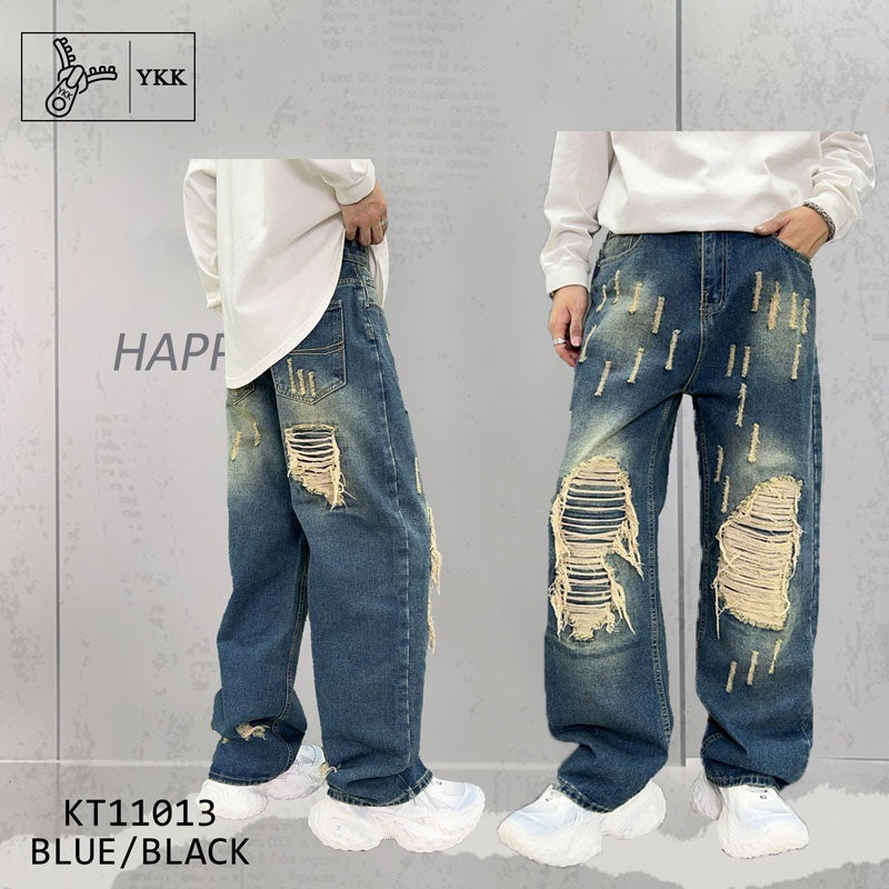 Men’s Loose Wide-Leg Washed Blue Jeans – Streetwear Comfort Redefined