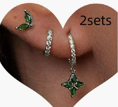 Green Inlaid Zircon Fashion Women's Earrings Three-piece Set