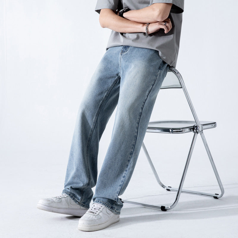 Men’s Vintage Loose Draping Wide-Leg Jeans – Washed Straight-Fit Streetwear