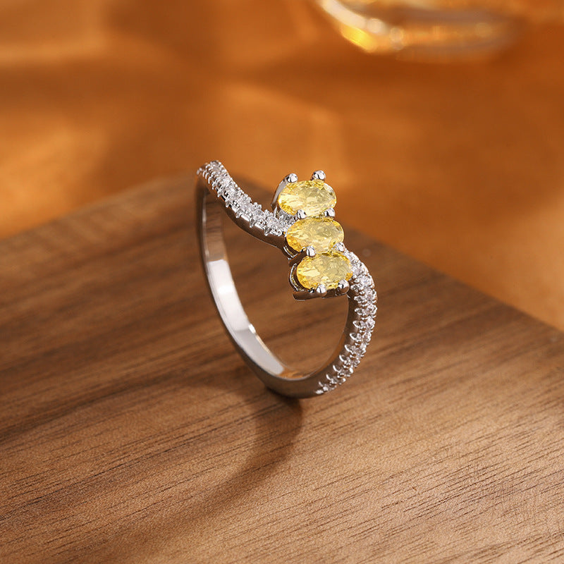 Fashionable All-match High-carbon Elegant Cube Sugar Citrine Rhinestone Ring