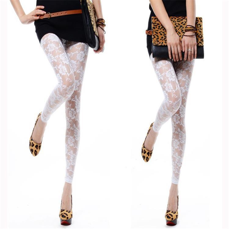 Sexy Tight Slim-fitting Ankle Length Trousers Solid Color Breathable Lace Rose Leggings