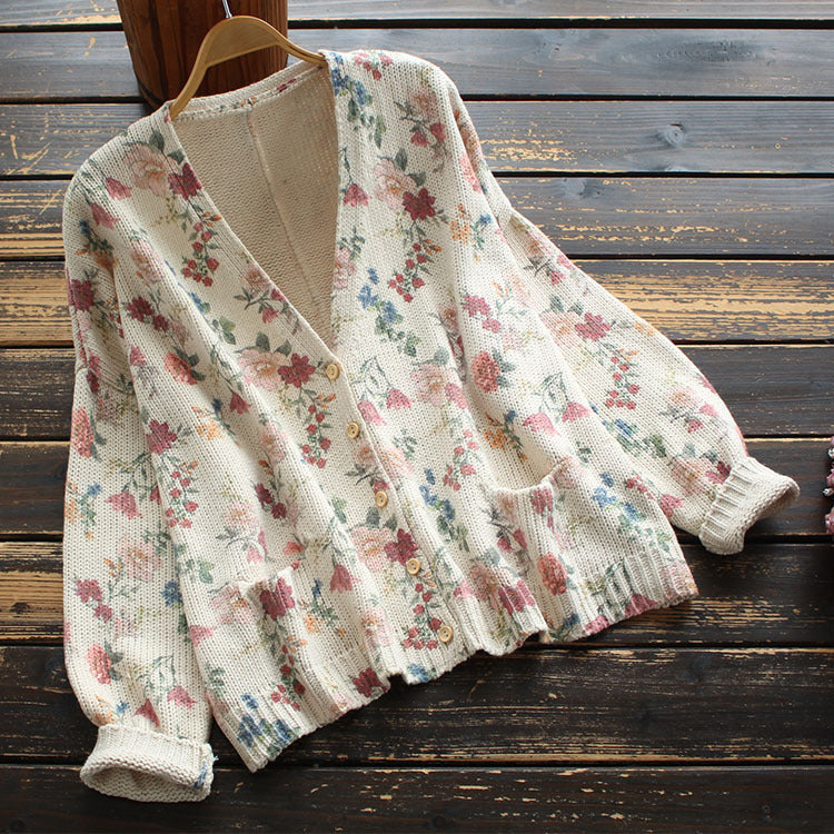 V-neck long sleeve printed knit cardigan sweater