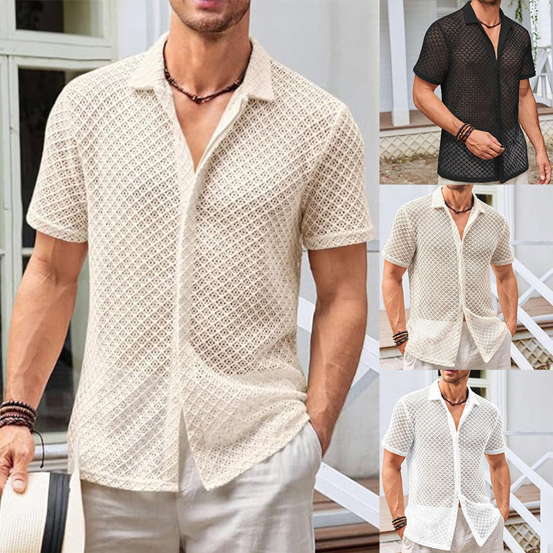 Men’s Summer Mesh Short Sleeve Shirt – Solid Color Lapel Beach Top