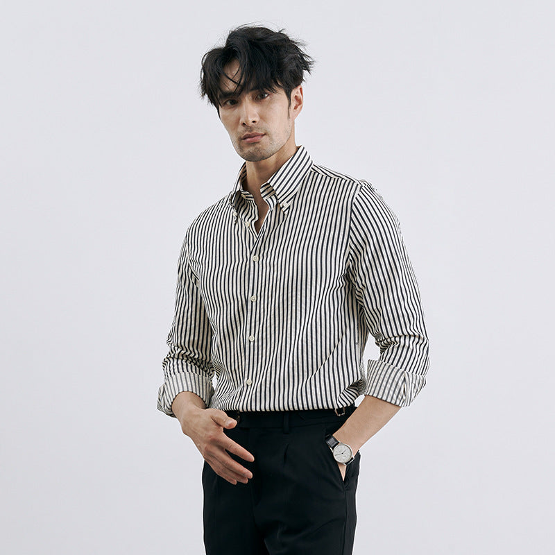 Men’s Korean-Style Vertical Stripe Business Casual Shirt – Modern Slim Fit