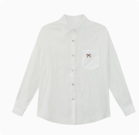 Blue Bow Embroidered Shirt Jacket Thin Top For Women