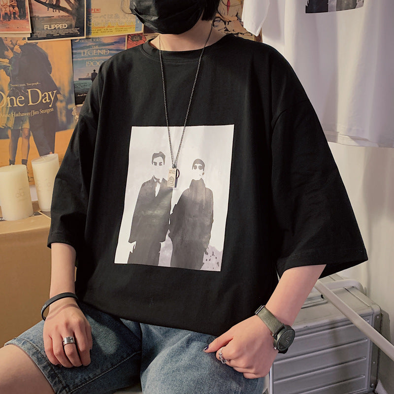 Men’s Korean-Style Loose Round-Neck T-Shirt – Oversized Graphic Comfort