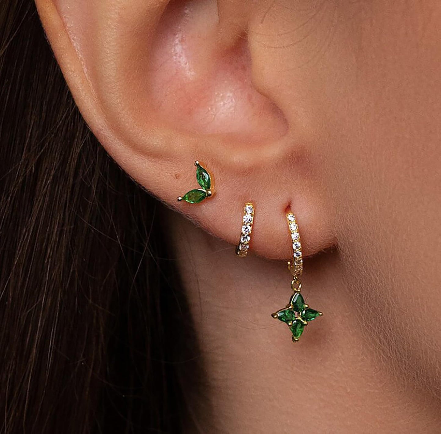 Green Inlaid Zircon Fashion Women's Earrings Three-piece Set