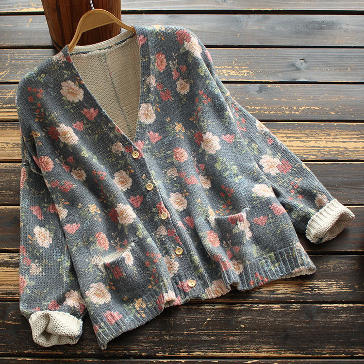 V-neck long sleeve printed knit cardigan sweater