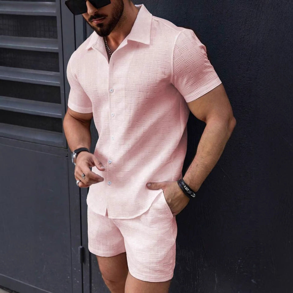 Men’s Vintage Textured Two-Piece Beach Set – Casual Short-Sleeve Shirt & Shorts