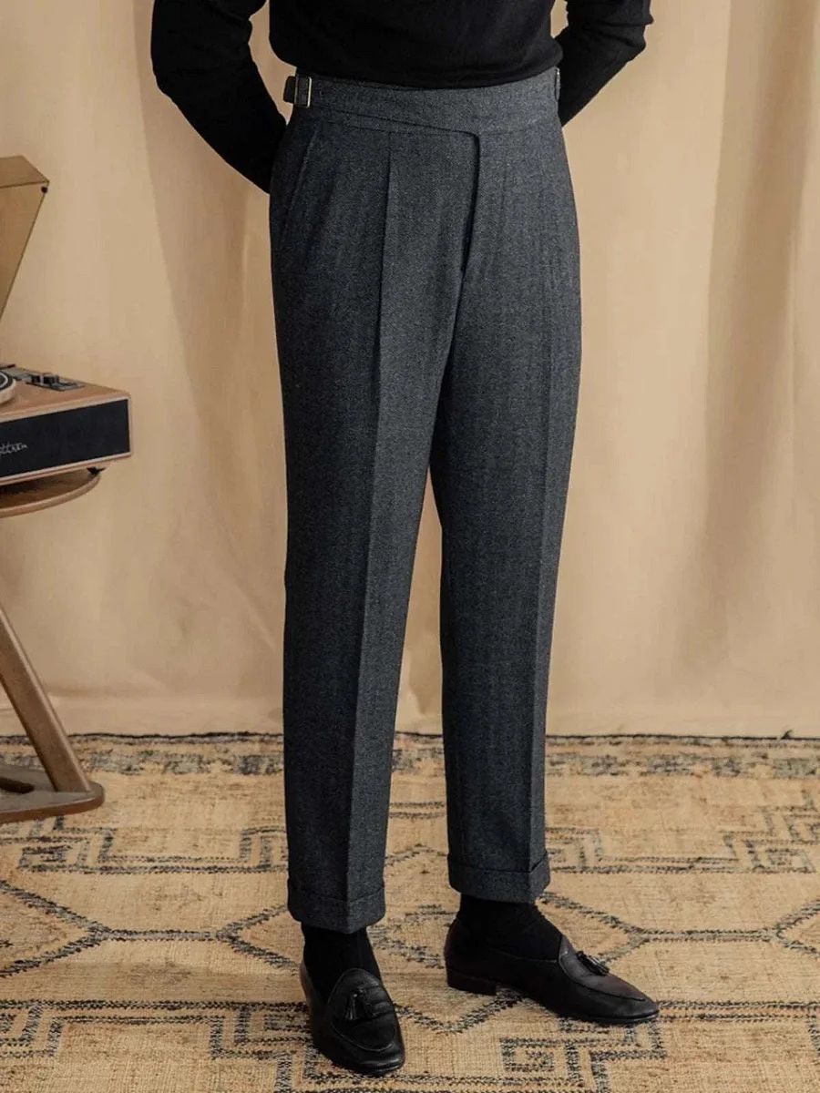 Antonio's Vintage Wool Herringbone Pants for Men – Classic High-Waist Trousers in Timeless Design
