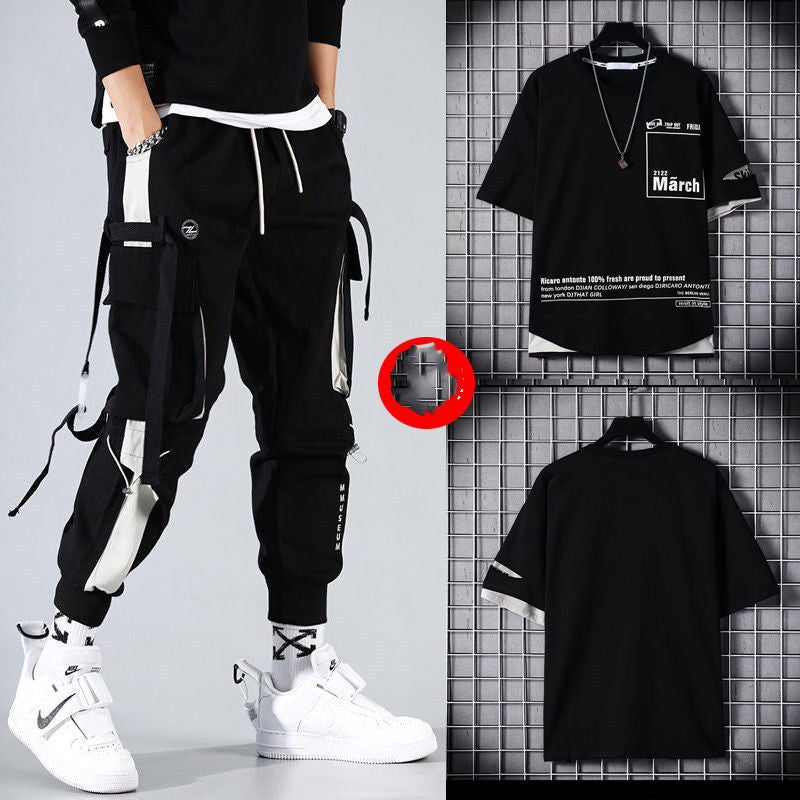 Men’s Two-Piece Hip-Hop Summer Set – Loose Overalls with Hooded Top