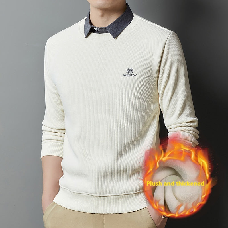 Casual Trend Men's Clothing Fleece-lined Thickened False Two-piece Sweaters
