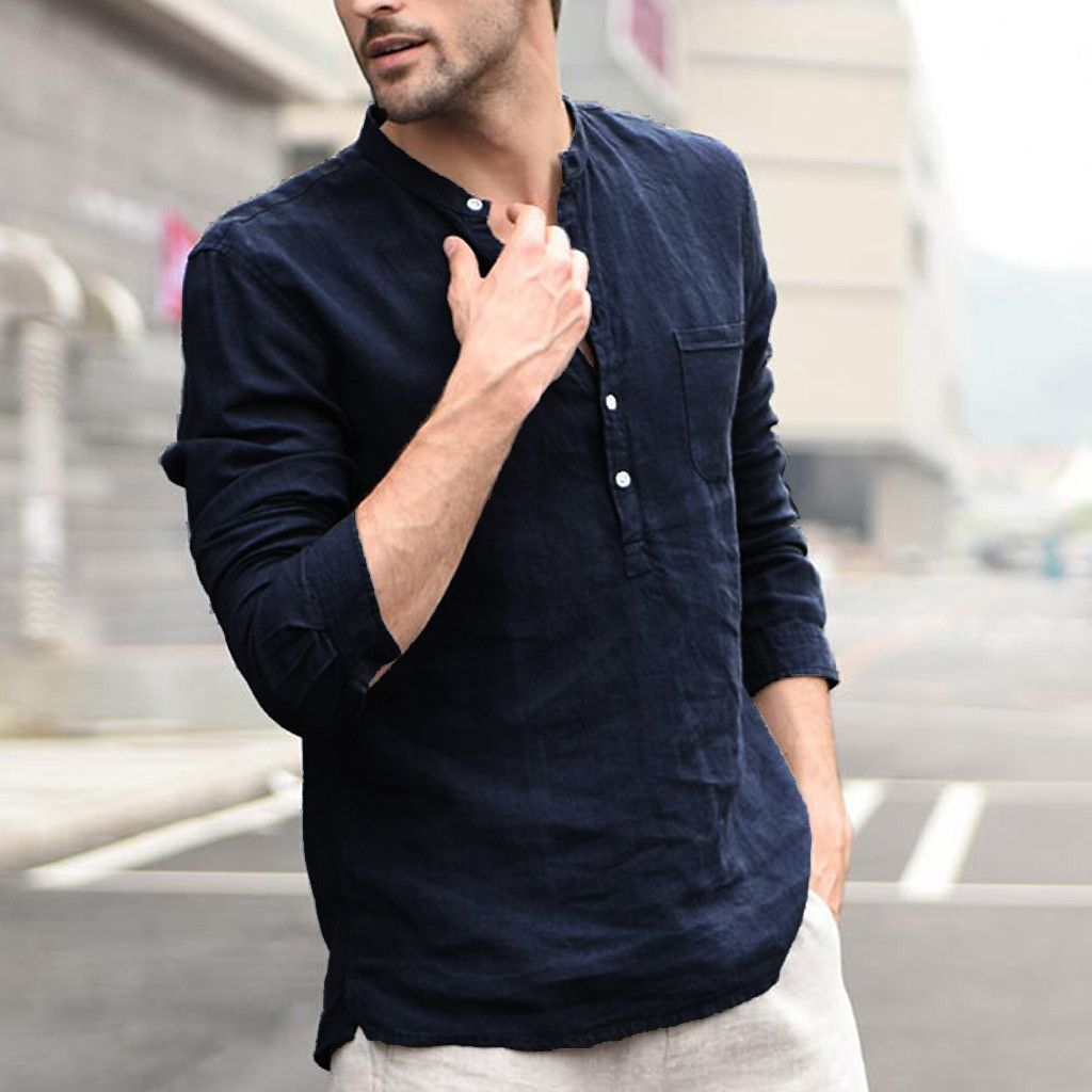 Men’s Stylish Slim Fit Cotton Linen Shirt – Mandarin Collar