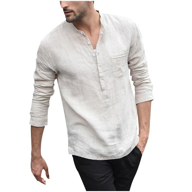 Men’s Stylish Slim Fit Cotton Linen Shirt – Mandarin Collar