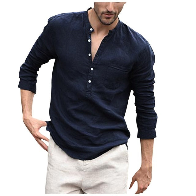 Men’s Stylish Slim Fit Cotton Linen Shirt – Mandarin Collar