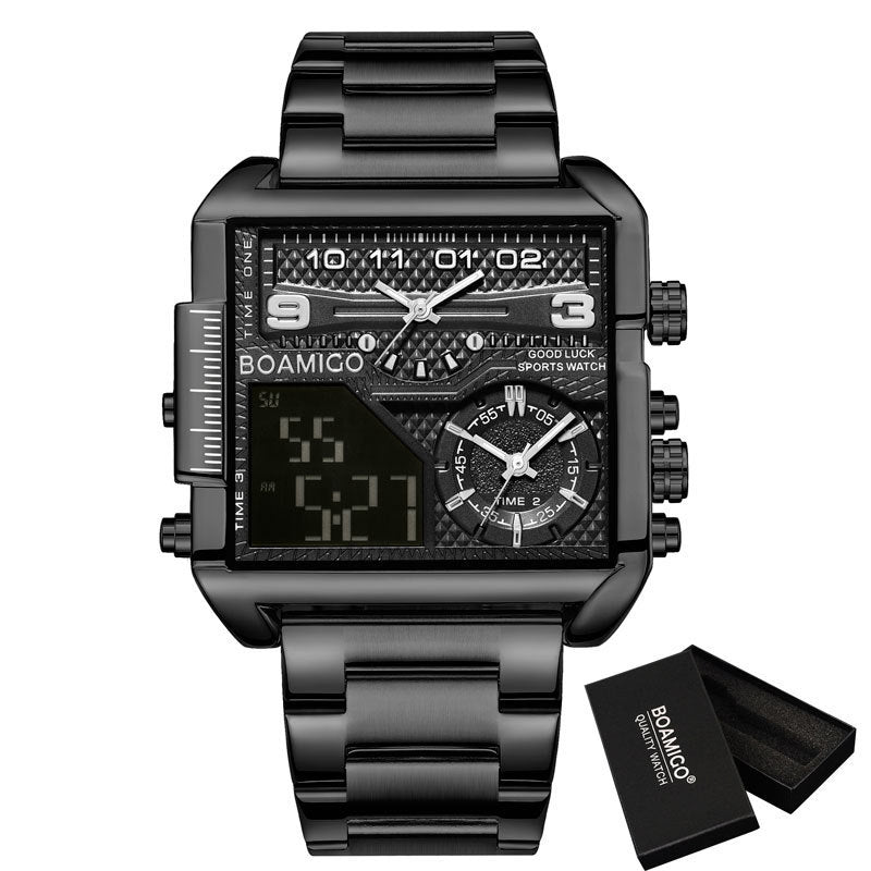 BOAMICO Dual-Time Luxury Watch – Gold Steel Square Dial | Waterproof Sports Watch