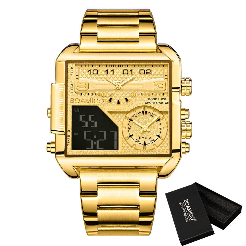 BOAMICO Dual-Time Luxury Watch – Gold Steel Square Dial | Waterproof Sports Watch