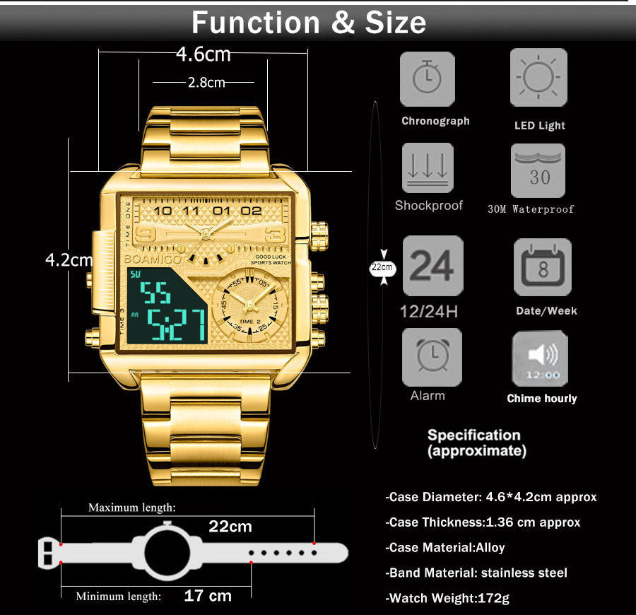 BOAMICO Dual-Time Luxury Watch – Gold Steel Square Dial | Waterproof Sports Watch