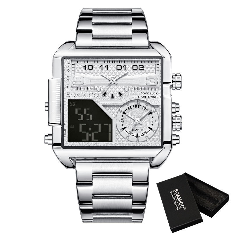 BOAMICO Dual-Time Luxury Watch – Gold Steel Square Dial | Waterproof Sports Watch