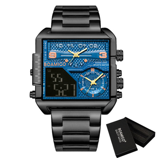 BOAMICO Dual-Time Luxury Watch – Gold Steel Square Dial | Waterproof Sports Watch