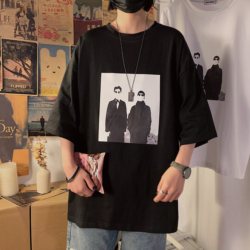 Men’s Korean-Style Loose Round-Neck T-Shirt – Oversized Graphic Comfort