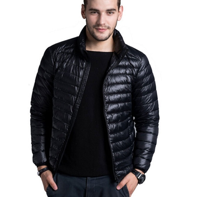 Men’s Duck Down Hooded Jacket – Slim Fit Colorblock Winter Coat with Lapel Collar