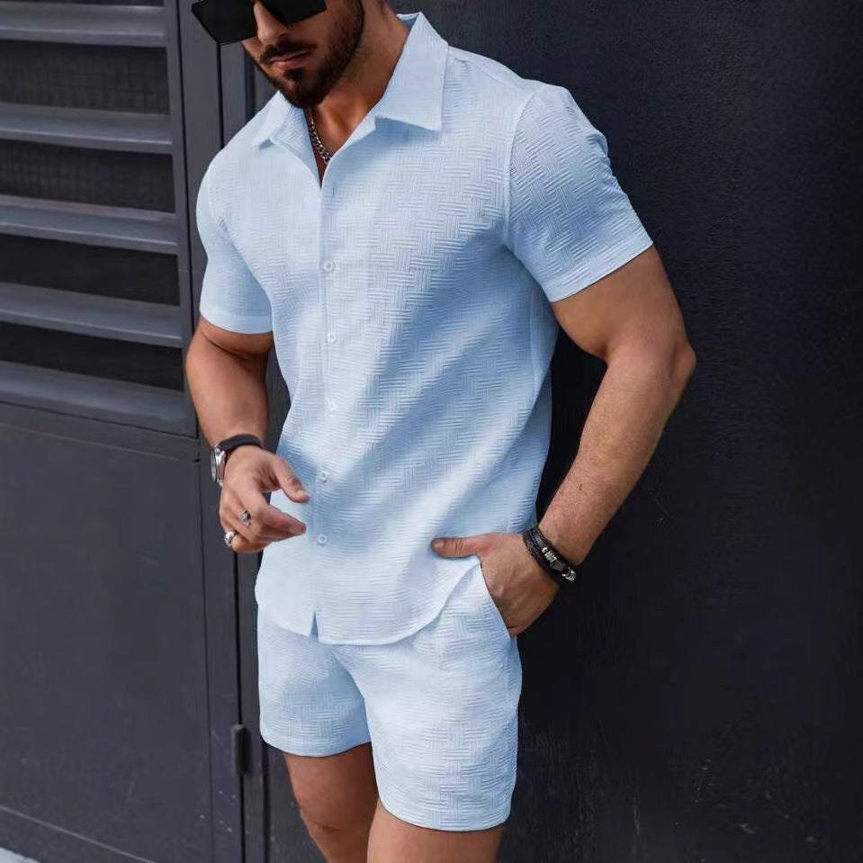 Men’s Vintage Textured Two-Piece Beach Set – Casual Short-Sleeve Shirt & Shorts
