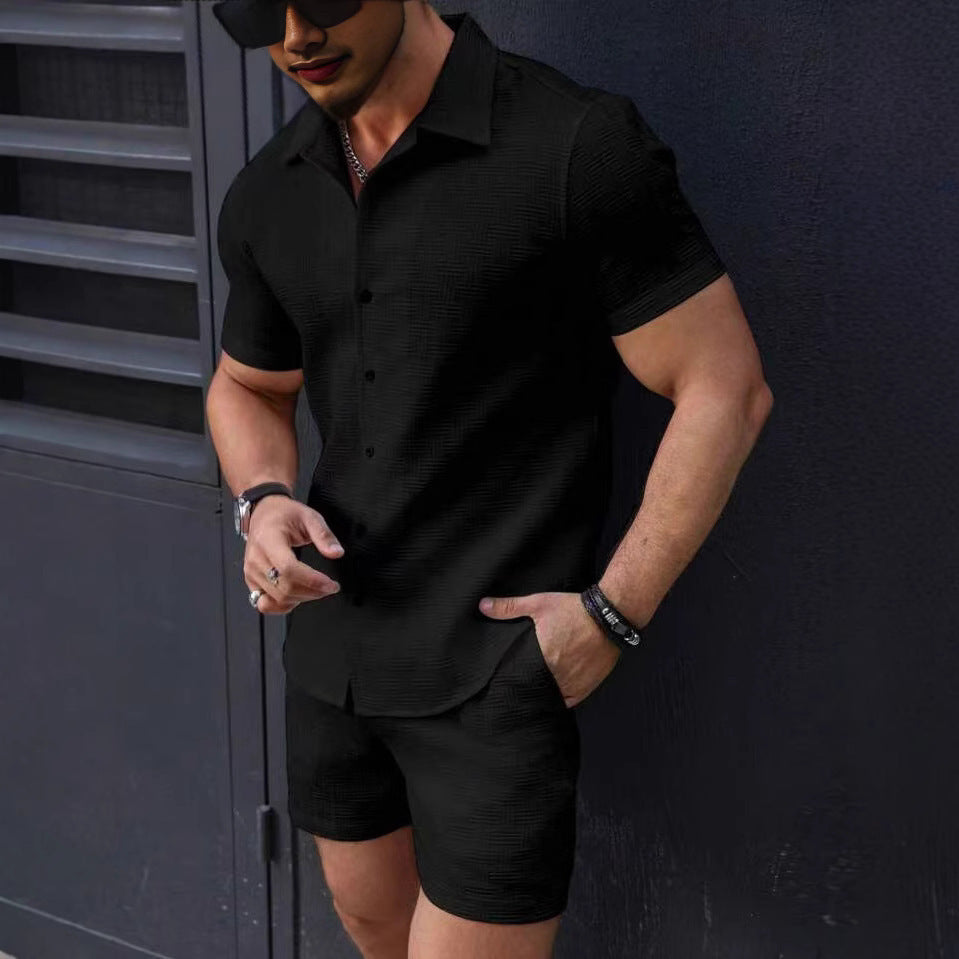 Men’s Vintage Textured Two-Piece Beach Set – Casual Short-Sleeve Shirt & Shorts