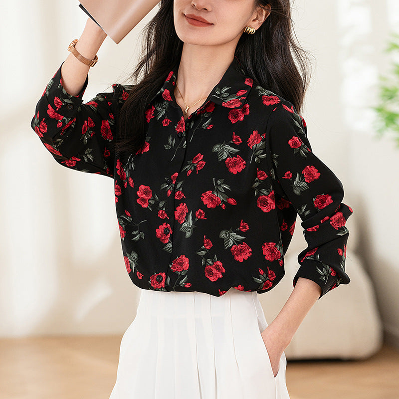 Design Sense Niche Long Sleeve Non-ironing Draping Vertical And Smooth Printed Top Shirt