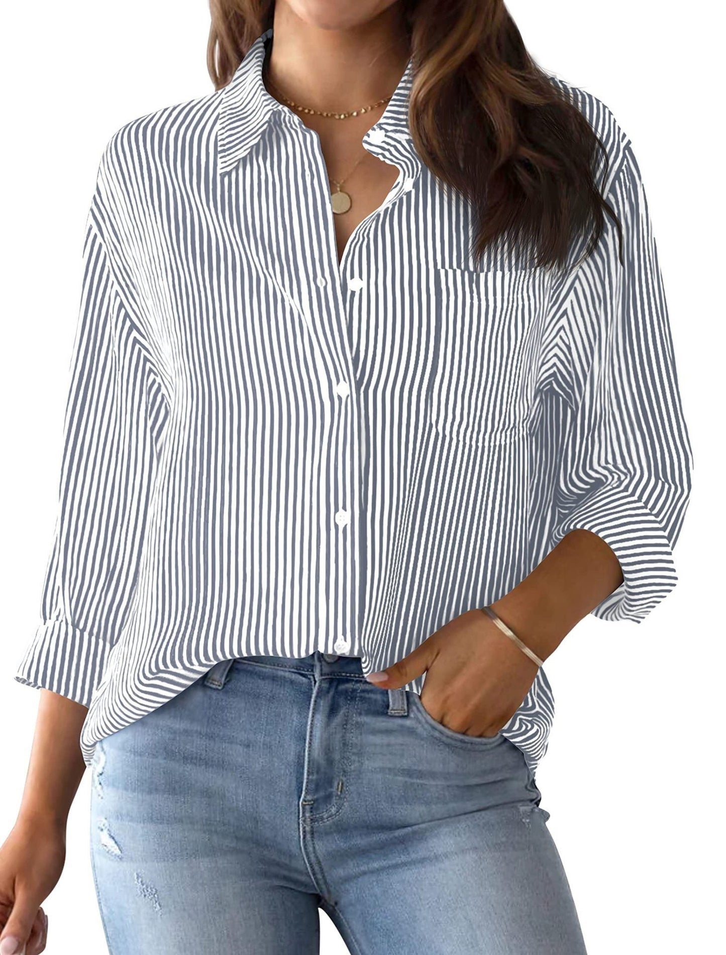 Women's Top Loose Business Casual Long Sleeved Shirt With Pockets
