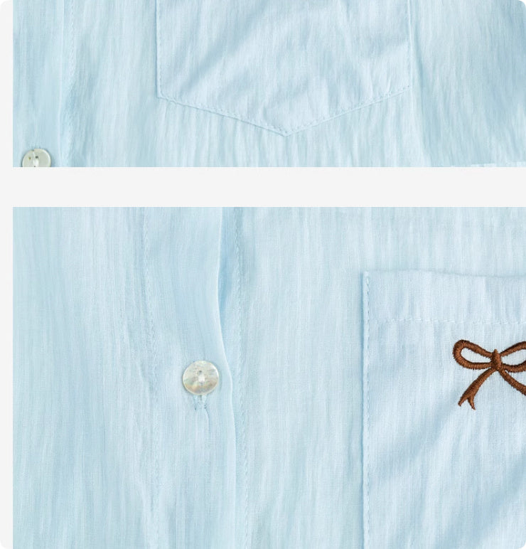 Blue Bow Embroidered Shirt Jacket Thin Top For Women