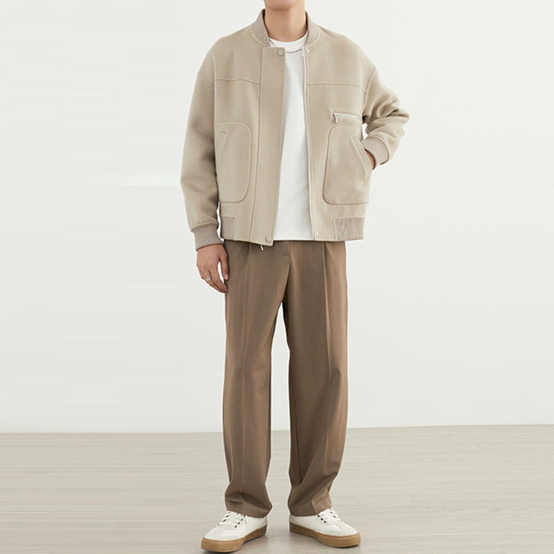 Men’s Short Woolen Baseball-Style Jacket – Classic Wool Blend Bomber Coat