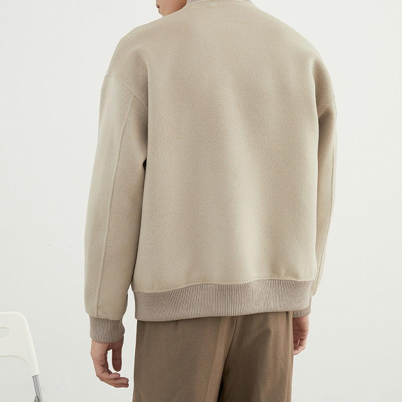 Men’s Short Woolen Baseball-Style Jacket – Classic Wool Blend Bomber Coat