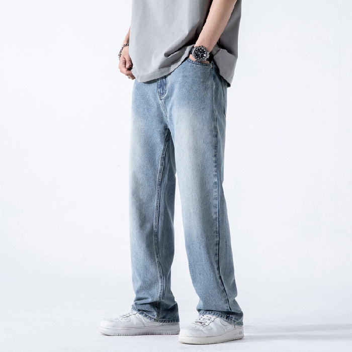 Men’s Vintage Loose Draping Wide-Leg Jeans – Washed Straight-Fit Streetwear