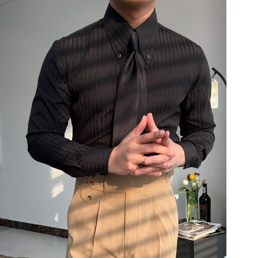 Men’s Spring Pointed-Collar Striped Business Shirt – Lightweight Leisure Style