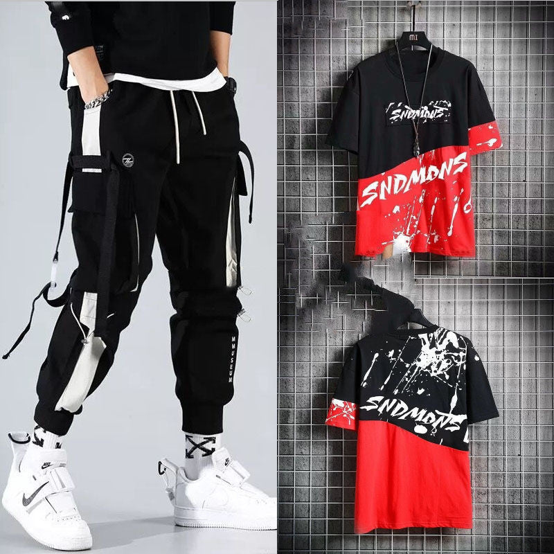 Men’s Two-Piece Hip-Hop Summer Set – Loose Overalls with Hooded Top