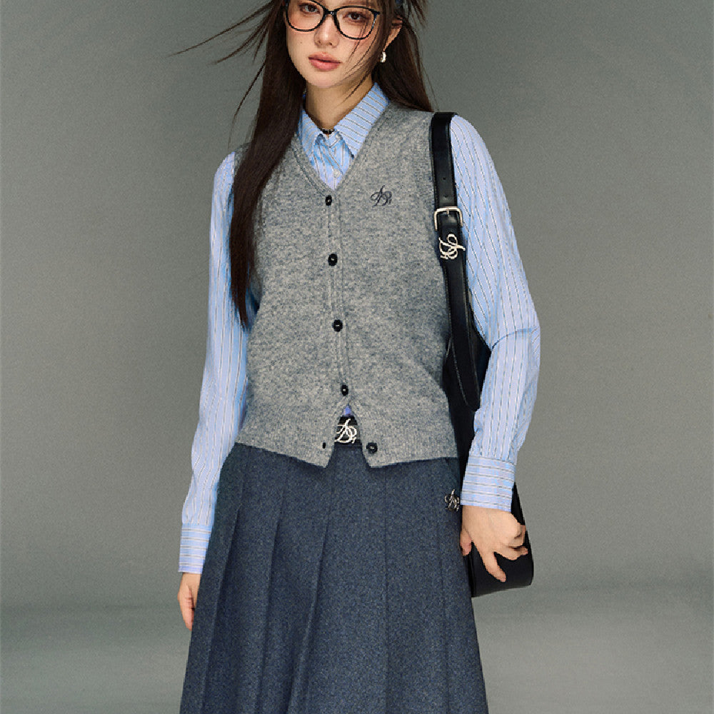 College Style Striped Lapel Shirt, Waist Cinched Long Sleeved Top
