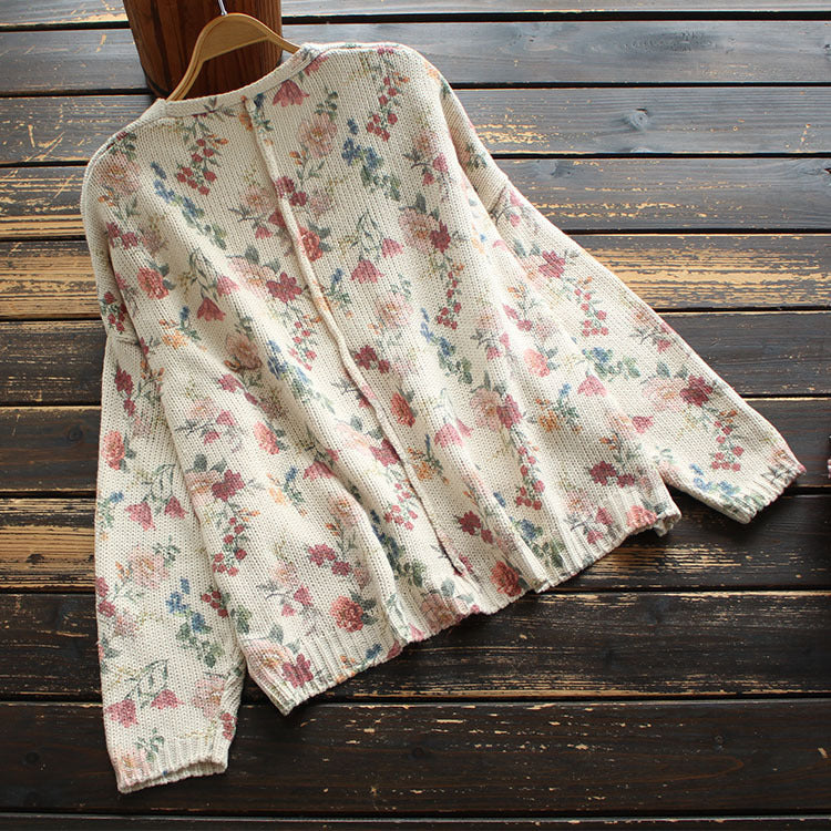V-neck long sleeve printed knit cardigan sweater