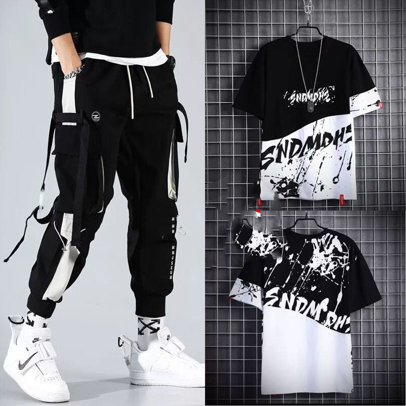 Men’s Two-Piece Hip-Hop Summer Set – Loose Overalls with Hooded Top