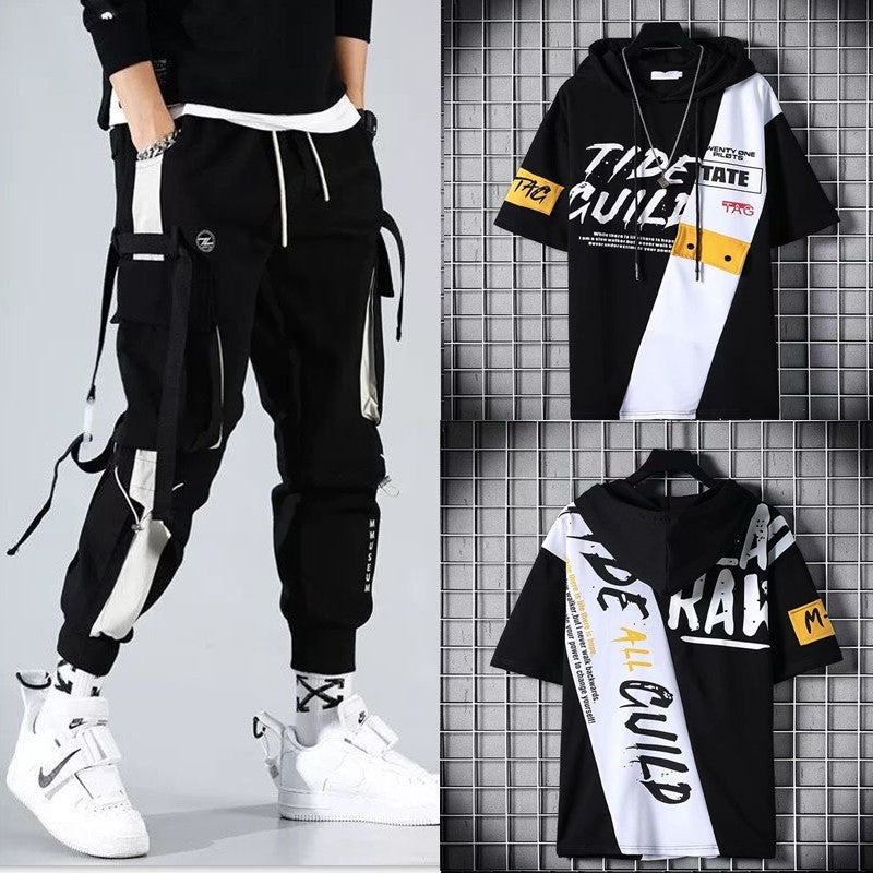 Men’s Two-Piece Hip-Hop Summer Set – Loose Overalls with Hooded Top