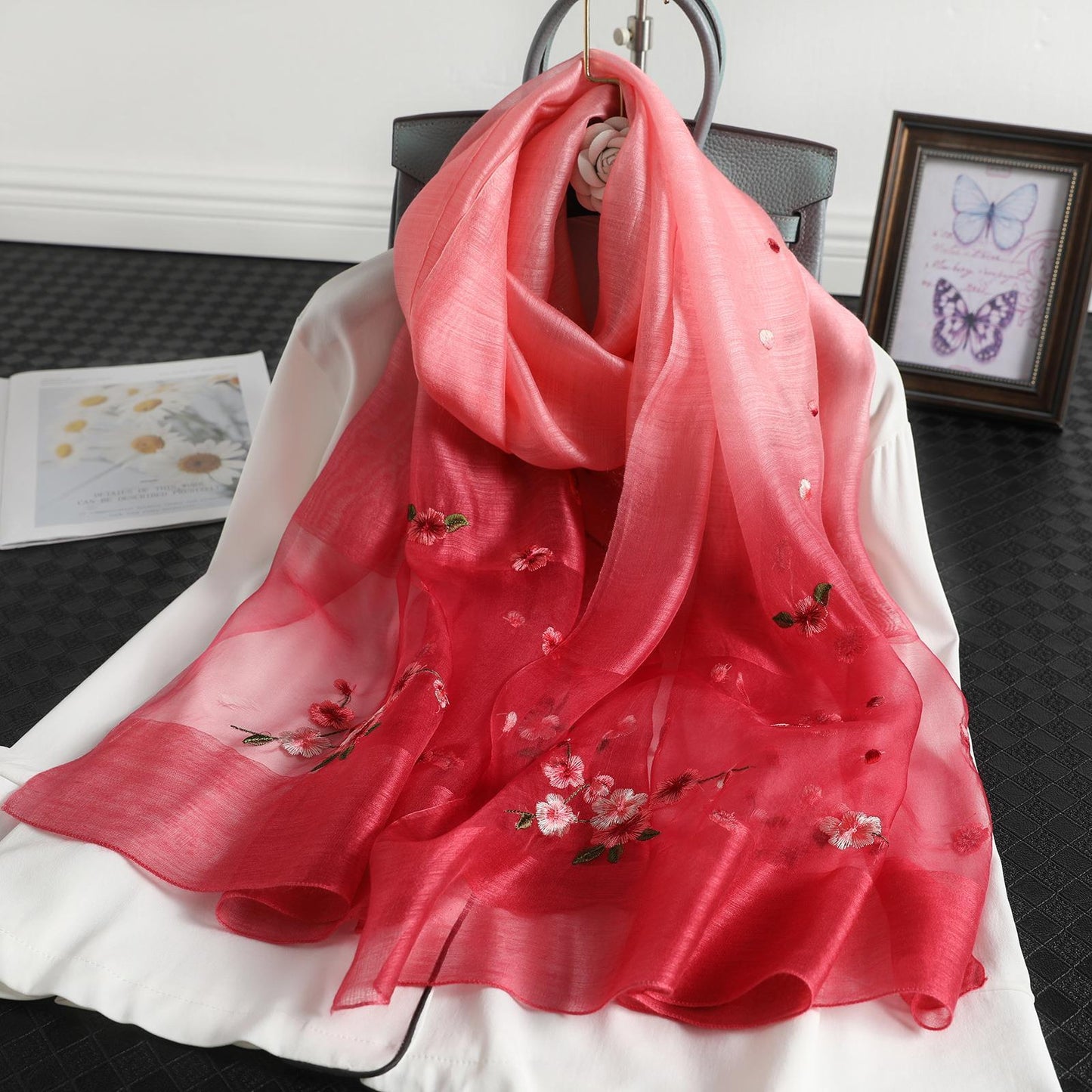 Women's Wool Silk Embroidery Gradient Scarf Sunscreen Shawl