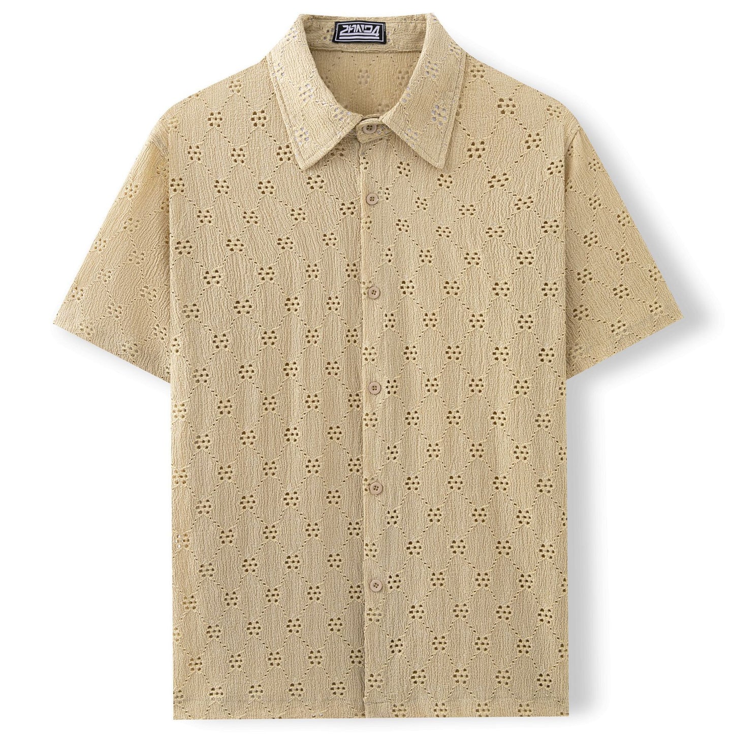 Men’s Hollow Jacquard Short-Sleeve Shirt – Breathable Summer Knit