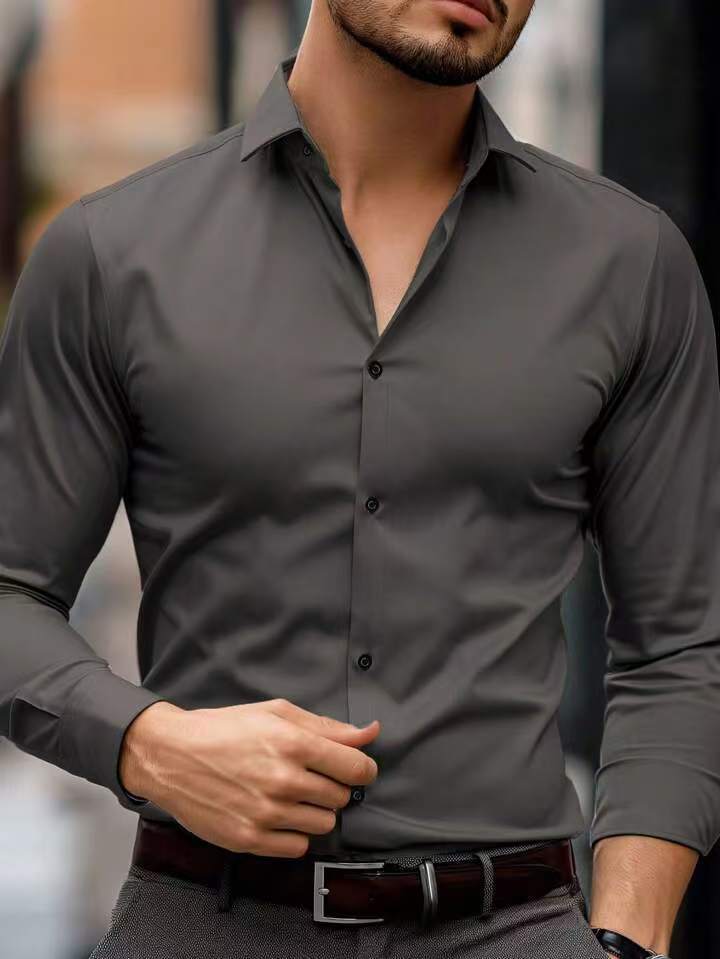 Men’s Solid-Color Long-Sleeve Lapel Business Shirt – Casual Elegance