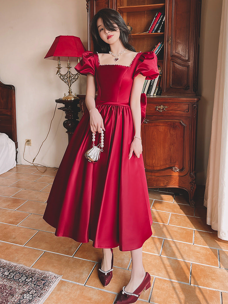 Regal Romance Puff Sleeve Pearl-Trimmed Dress – Wine Red