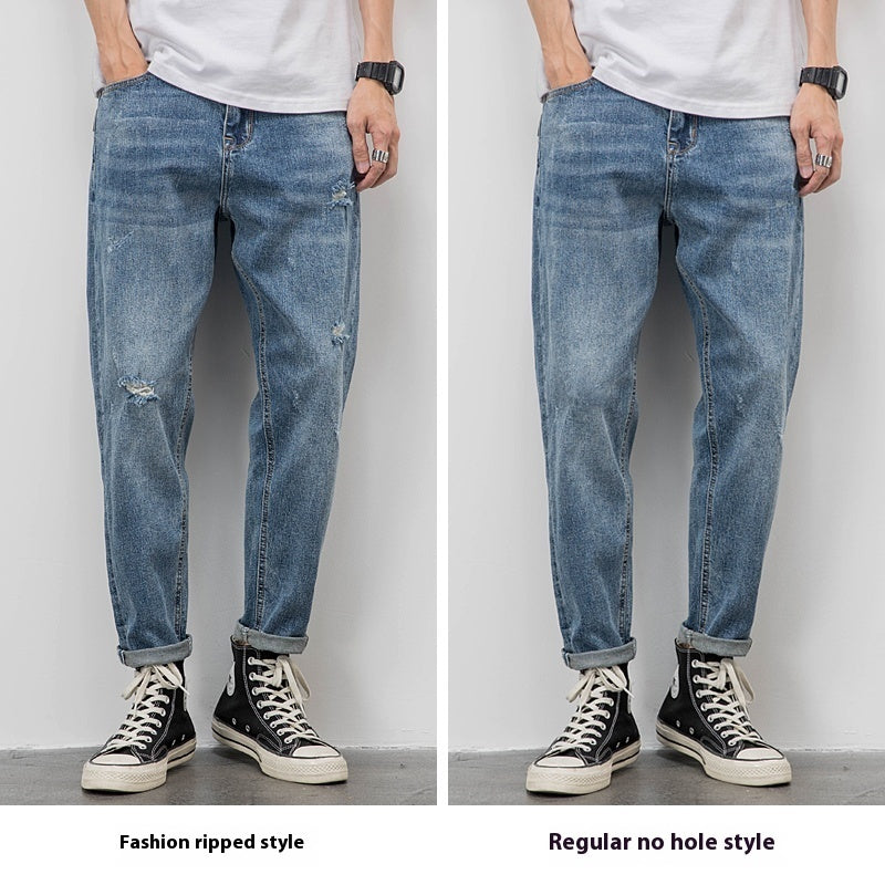Men’s Light Washed Ripped Tapered Jeans – Loose Fit Stretch Denim