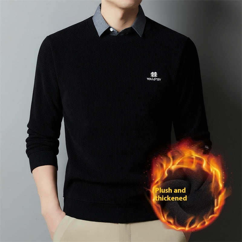 Casual Trend Men's Clothing Fleece-lined Thickened False Two-piece Sweaters