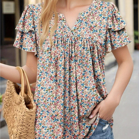 Nylixa Floral Print Summer Top – Women’s Casual V-Neck Short Sleeve Ruffle Blouse